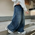 thumbnail image 2 of KAUOD Boys Hip hop Baggy Jeans with Waistband-Style Cuffs Ankle Design Stretchy Denim Pants Kids Retro Wide Leg Trousers, 2 of 9