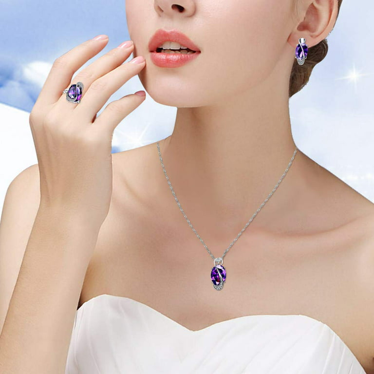 Uloveido Fashion Silver Color Big Oval Purple Birth-Stone Pendant Necklace  Pierce Earrings Dainty Birthstone Ring Party Jewelry Set for Girl-Friend