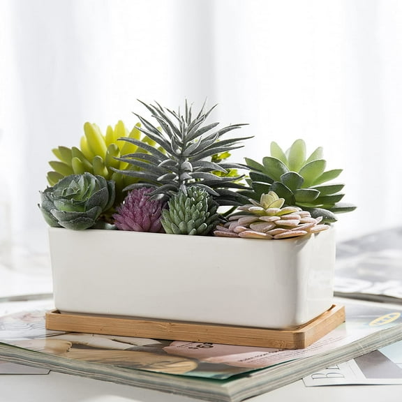 MyGift Artificial Succulents in Ceramic Pot with Bamboo Tray