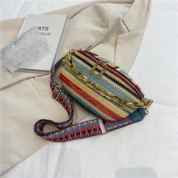 Bolso De Hombro Bolso bandolera para mujer Bolso de pecho de paja con cadena Bolso grande tejido para mujer (Azul)