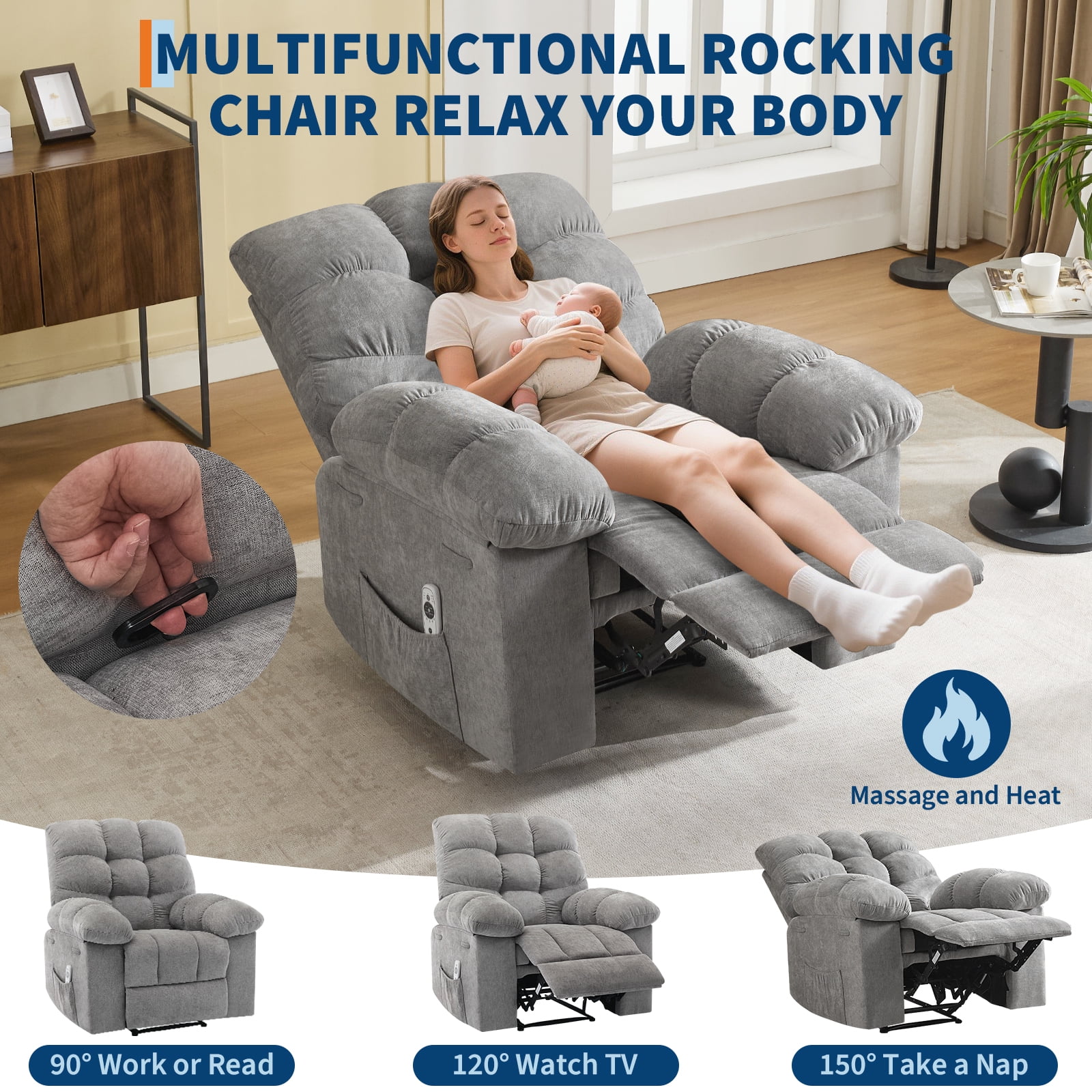 Nursery Rocking Chairs, Rocking Chair with Massage and Heat,Heat Ergonomic Overstuffed Breathable Fabric Reclining Chair with 2 Side Pockets, Remote Control, Living Room, Bedroom