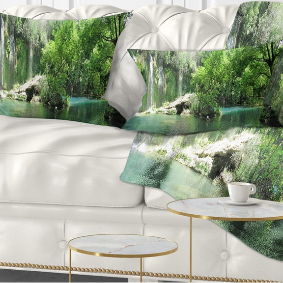 Designart Waterfall Cascade in Deep Forest - Landscape Printed Throw Pillow - 12x20