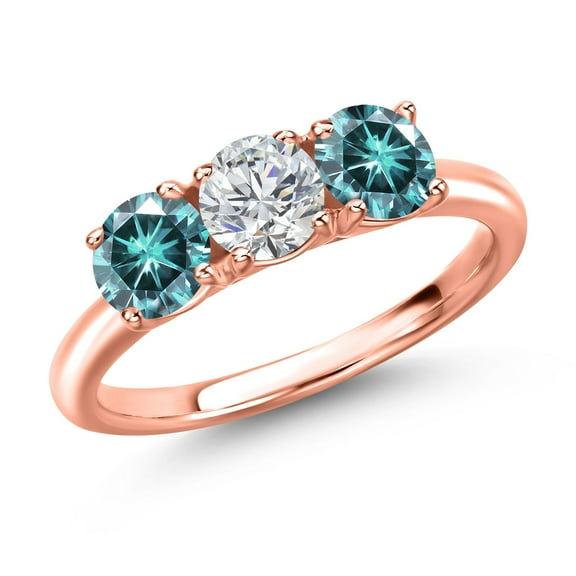 Gem Stone King 18K Rose Gold Plated Silver Lab Grown Diamond and Blue Moissanite Engagement Ring for Women | 1.50 Cttw | Round 5MM | Gemstone April Birthstone | Size 9