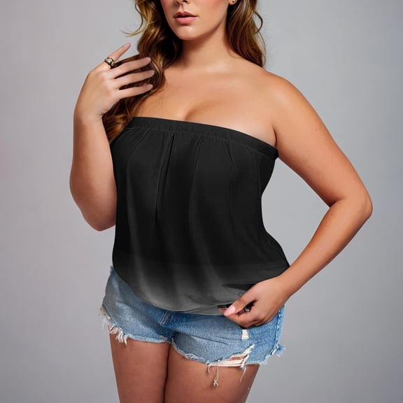 QETYUW Plus Size Tube Tops for Women Pleated Strapless Blouses Gradient Off The Shoulder Top Summer Casual Bandeau Tanks