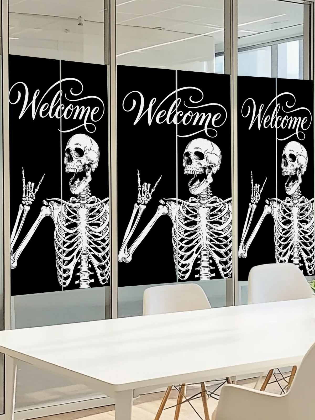 Welcome Skull Window Privacy Film, Funny Skeleton Abstract Black Background Frosted Glass Window Clings Static Cling UV Heat Blocking Reusable Door Sticker for Bathroom 23.6 x 59 Inch