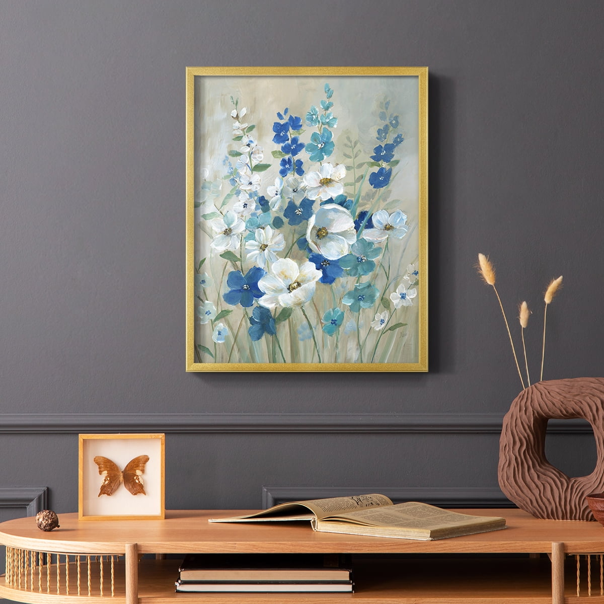 Blue Garden I Framed Print in Gold Solid Wood Framed Print No Nail Hanging