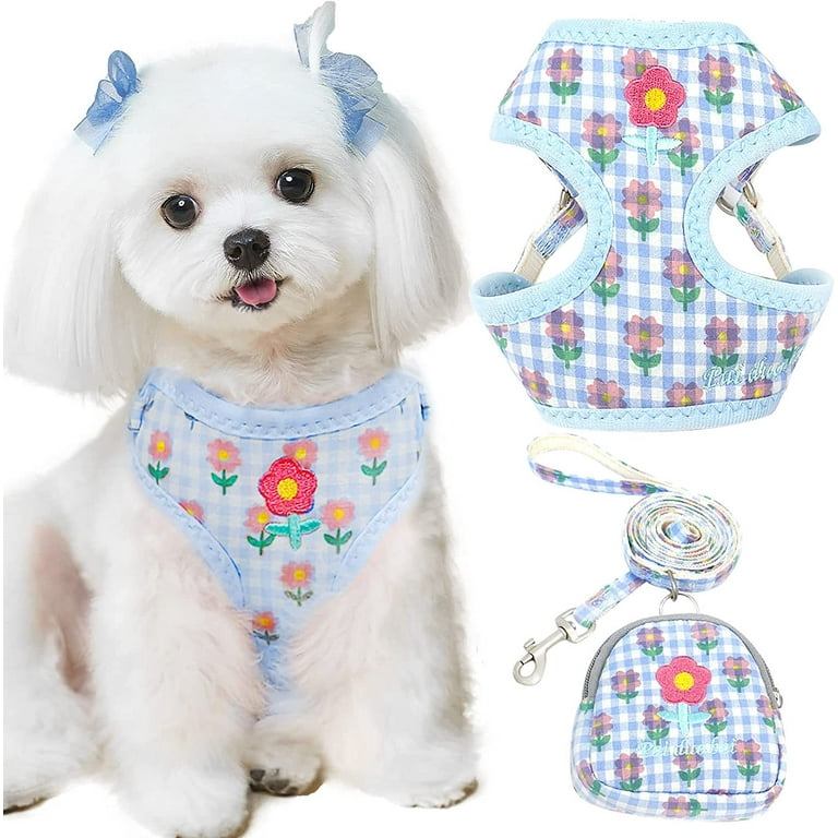 Cute Small Dog Harness and Leash Set with Bag No Pull Puppy Cat Vest Harness Adjustable Soft Breathable Plaid Flower Pet Bunny Harness for Small Dogs Cats Rabbits Shih Tzu Yorkies