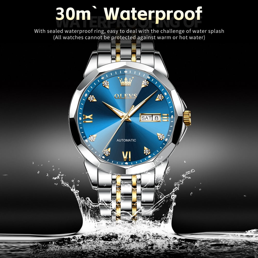 OLEVS Automatic Watches for Men Self Winding Mechanical Luxury Dress Stainless Steel Two Tone Strap Diamond Waterproof Luminous Date Mens Wrist Watches Reloj Para Hombre Black/Blue/Gold/White