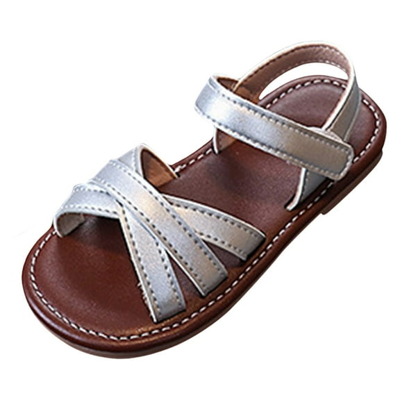 TOWED22 Girls Strappy Summer Sandals Open Toe Flats Dress Sandals Shoes Toddler/Little Kid/Big Kid(Silver,9.5)