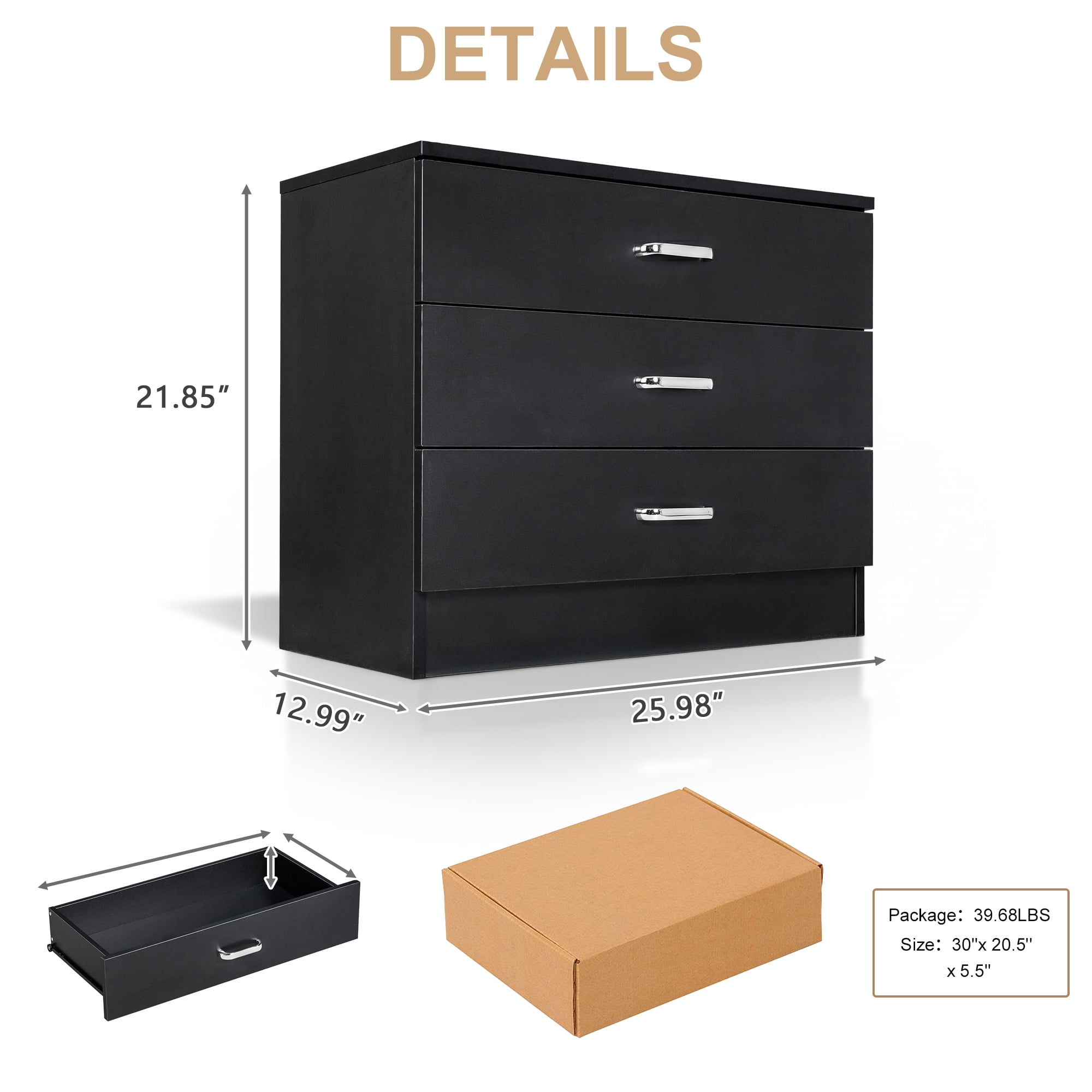 3-Drawer Bedside Table with Melamine Finish Drawer Cabinet Lockers, 25.98*12.99*22.05in White