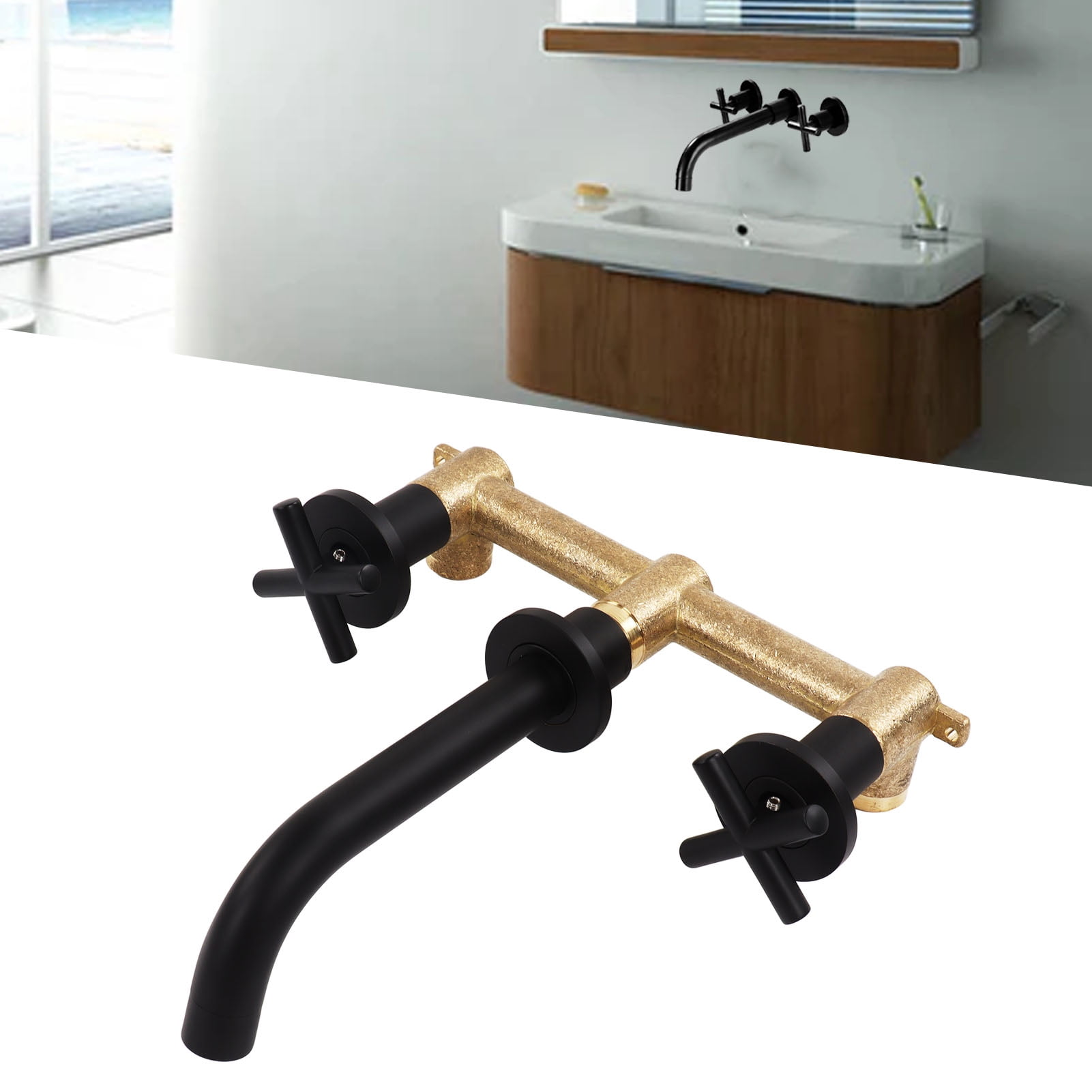 BIMZUC Wall Mounted Bathroom Sink Faucet Hot and Cold Water Mixer Tap Bathtub Faucet Internal and External Thread G1/2 Matte Black Solid Brass Construction (13.38 inches / 34.00 cm)