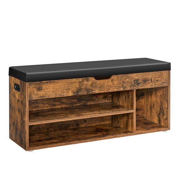 VASAGLE Storage Bench with Cushion, Shoe Bench with Padded Seat, 3 Compartments, Hallway Bedroom, Load Capacity 330 lb, Rustic Brown and Ink Black ，Adult