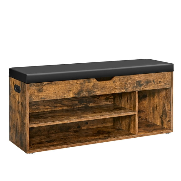 VASAGLE Storage Bench with Cushion, Shoe Bench with Padded Seat, 3 Compartments, Hallway Bedroom, Load Capacity 330 lb, Rustic Brown and Ink Black ，Adult