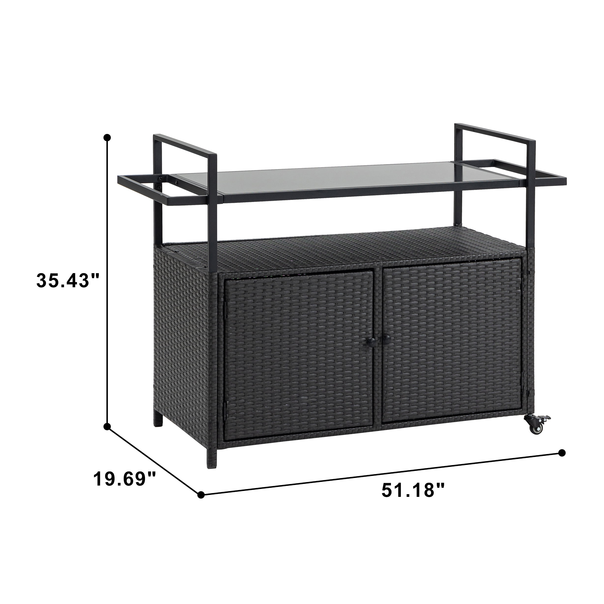 Euroco Outdoor Bar Serving Cart with Glass Top, 2-Tier Storage, Durable Metal Frame, 360° Lockable Wheels, Patio Beverage & Utility Trolley