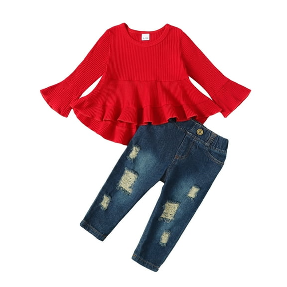 18 Months Baby Girls Clothes 24 Months Girls 2PCS Fall Winter Outfits Set Solid Color Toddler Girls Long Sleeve Irregular Top Denim Pants Set Red
