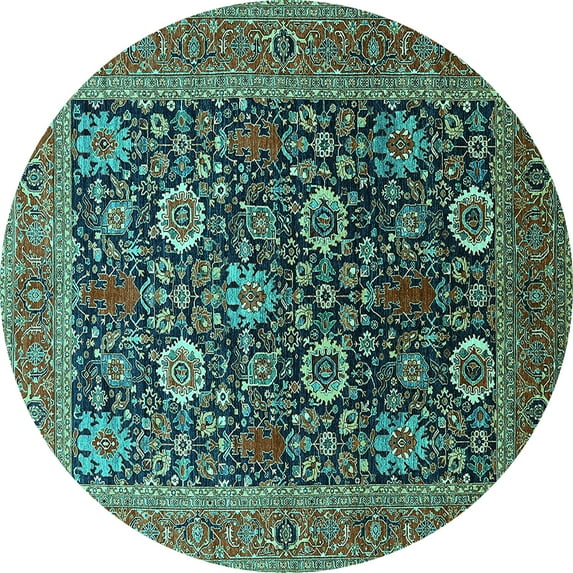 Ahgly Company Machine Washable Indoor Round Oriental Turquoise Blue Industrial Area Rugs, 4' Round
