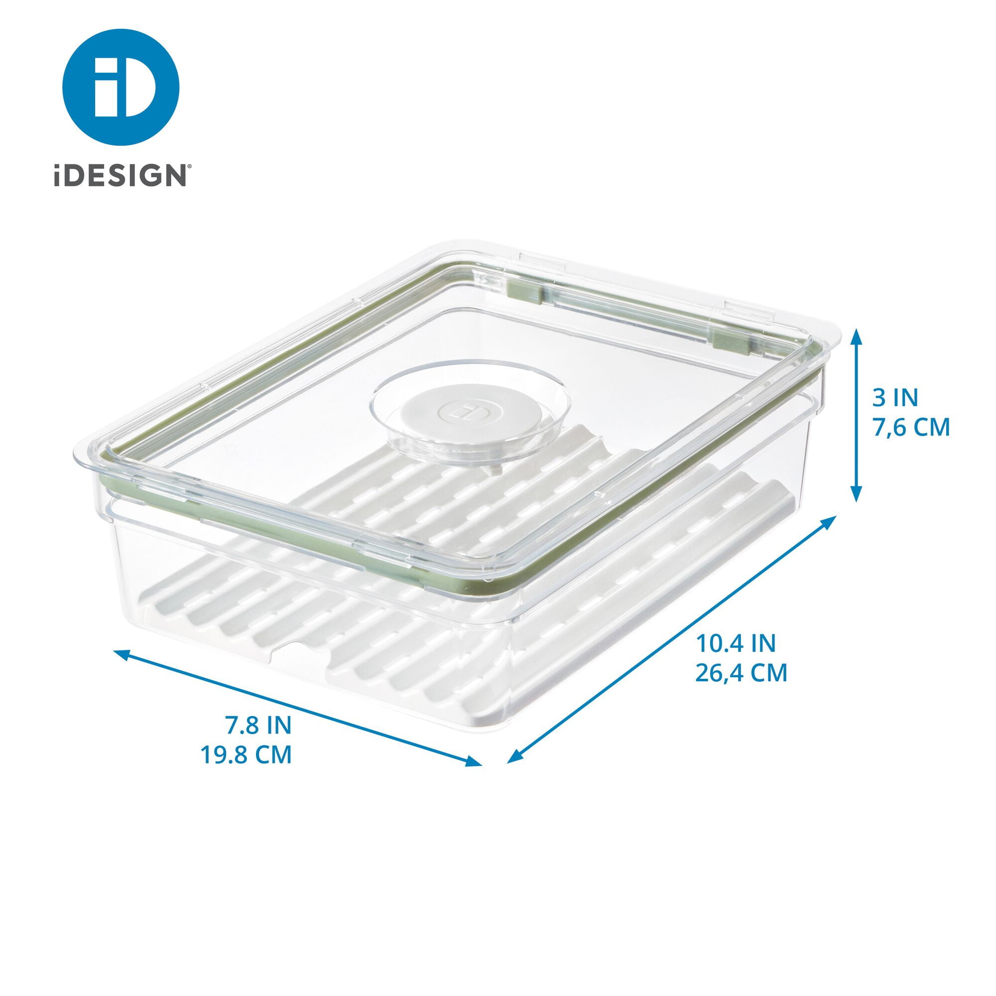 iDesign Large Short Produce Storage Bin with Insert Tray and Lid, 7.8” L x 10.5” W x 3” H, Clear