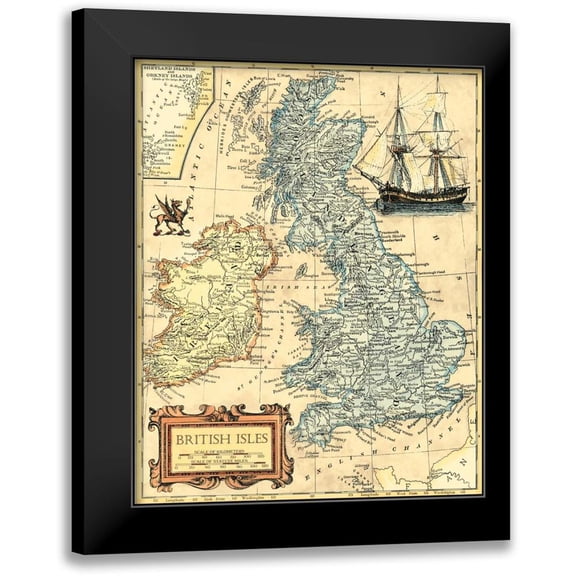 Vision Studio 12x14 Black Modern Framed Museum Art Print Titled - British Isles Map