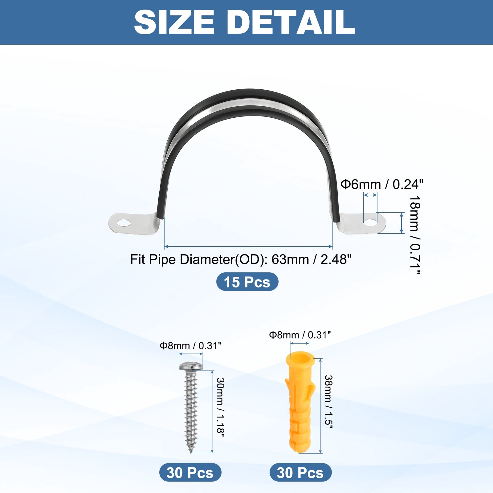 Uxcell 15 Pcs Pipe Strap Clamp, 63mm(2.48") Rubber Cable Clamp Rubber Cushioned 304 Stainless Steel U Bracket Tube Holder Support with Screws for Water Pipe HVAC Cable Management