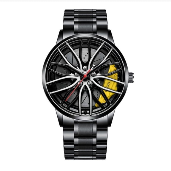 NovaStitch Men‘s Fashion Watch Car Wheel Dial Design Quartz Movement, Mens Wrist Watch with Stainless Steel Band, Casual Analog Watch for Men Daily Wear - Yellow