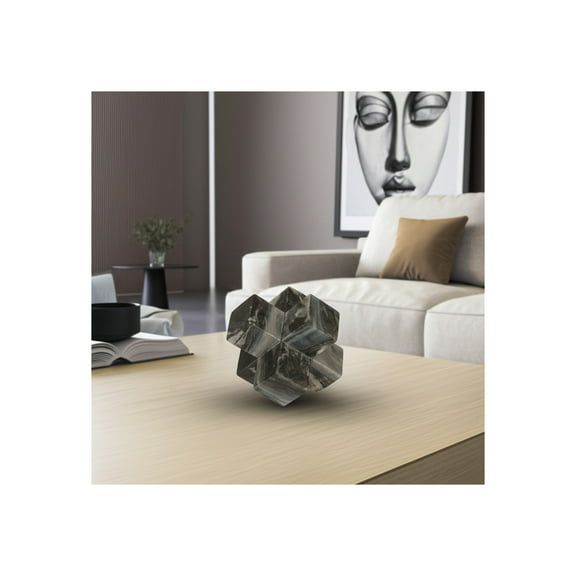 Marble Stone Decorative Object - Modern Geometric Sculpture for Home, Office, Living Room, and Bedroom Decor; 7x7x7 Inch, Gray