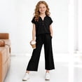 thumbnail image 3 of Zpanxa Girls V Neck Henley Short Sleeve Top Wide Leg Pants Set Casual Two Piece Outfit Toddler Black 13 Years, 3 of 9