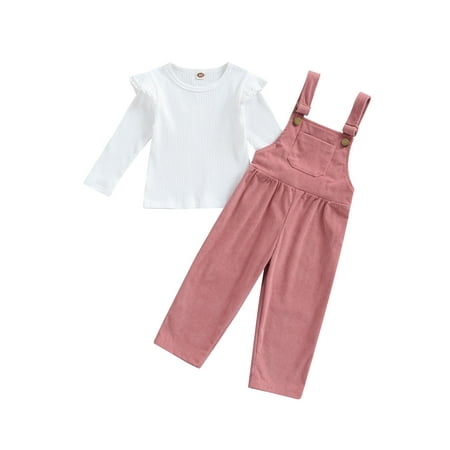 

xingqing 2PCS Fall Toddler Girls Outfits Suit Solid Long Sleeve Ribbed Ruffles Tops+Suspender Pocket Trousers Clothes Set For Kids Girls Pink 1-2 Years