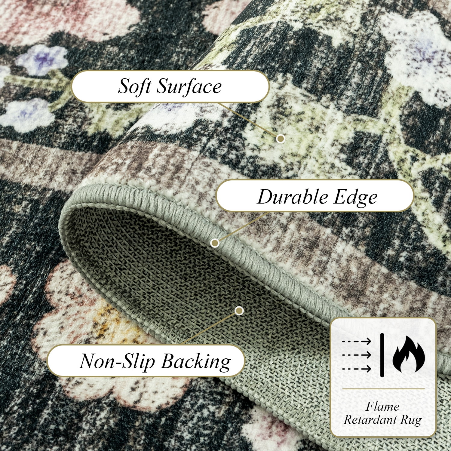 Ultrug Floral Area Rug Soft Non Slip Vintage Rugs for Living Room Bedroom Home Deocr Flower Carpet,6'x9',Black
