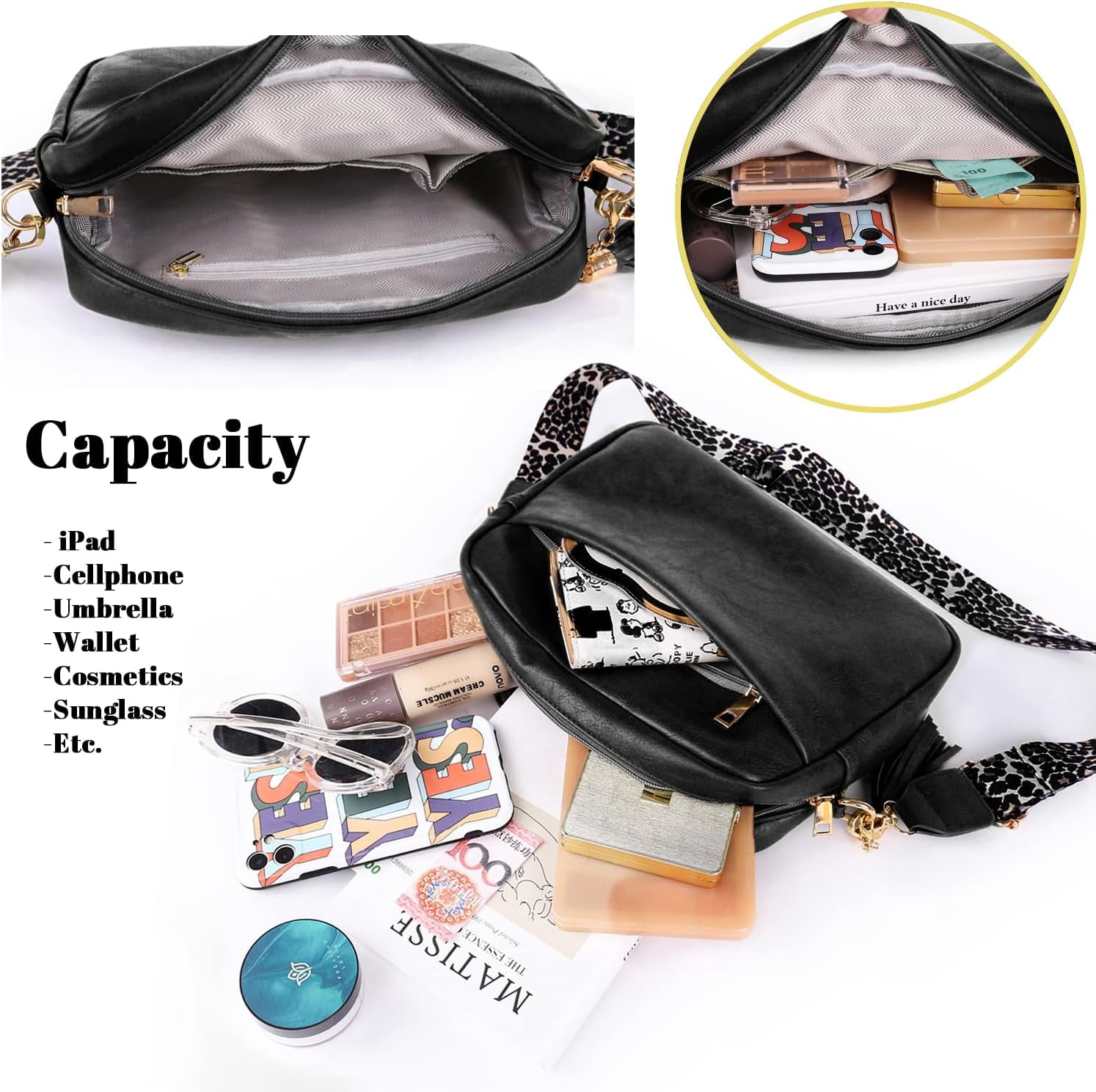 Crossbody Bag for Women Vegan Leather Shoulder Purse with Leopard Adjustable Strap Midsize Zipped Handbag