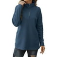 thumbnail image 4 of Women Long Sleeves Knit Top Turn Down Collar Zipper V Neck Loose Type Casual T Shirt Blue M, 4 of 7