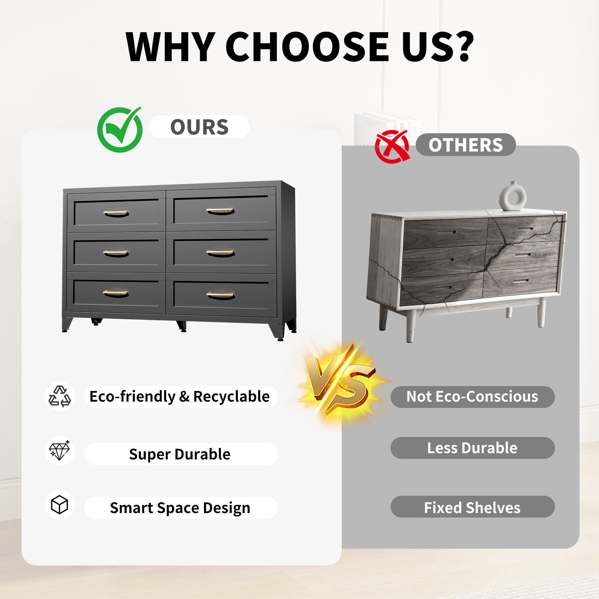 6 Drawer Metal Dresser, Steel Storage Chest with Smooth-Glide Drawers, 47.3 in Wide, 30 in High Low-Profile Cabinet for Bedroom, Closet, Hallway, Entryway
