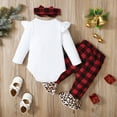 thumbnail image 4 of NZRVAWS Newborn Baby Girls Outfits Long Sleeve Christmas Trees Print Ruffle Sleeve Romper Top+Plaid Print Bell-bottomed Pants+Headband 3Pcs Clothes Set 9-12 Months,White, 4 of 7