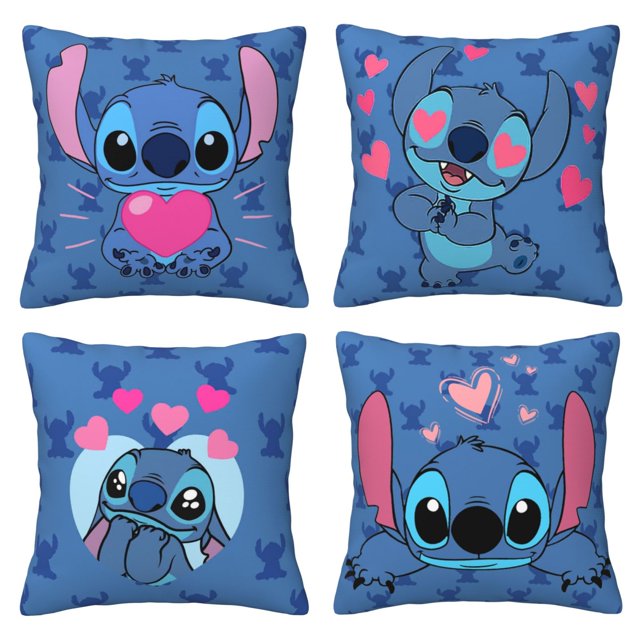 Dibujos animados Linda Lilo and Stitch(9) Juego de 4 fundas de cojín cuadradas para sofá, sala de estar y cama (45 x 45 cm), con cremallera invisible, regalo decorativo.