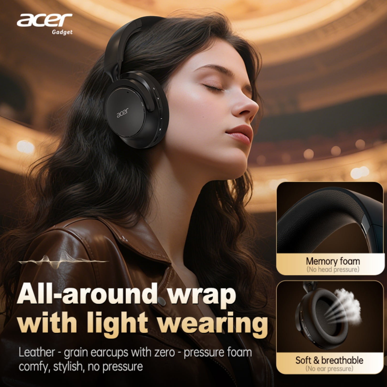 Acer Active Noise Cancelling Wireless Over-Ear Bluetooth Headphones with Microphone for Clear Call