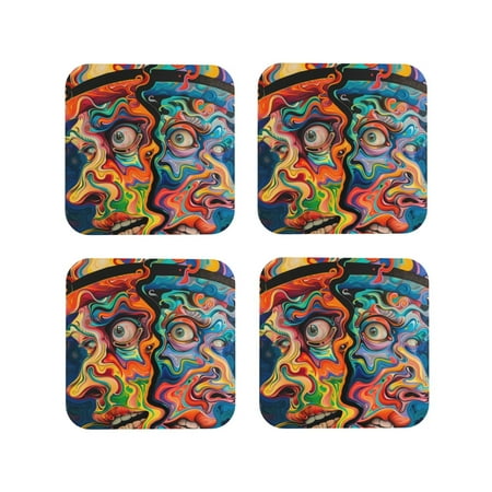 

KLL Drink Coasters Set Square of 4 PU Leather Absorbent Coasters Set Decorative Coffee Cup Coasters Housewarming Gift for Home Decor-Psychedelic Faces Colorful