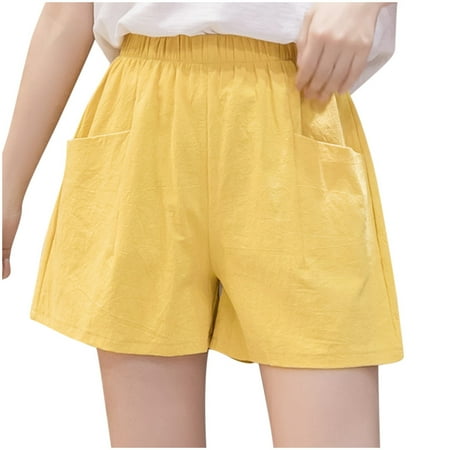 

NECHOLOGY Short Sleeve Pajamas for Women Linen Wide Linen Casual Loose Waist Women s Shorts High thin Lightweight Shorts for Women Shorts Yellow Medium