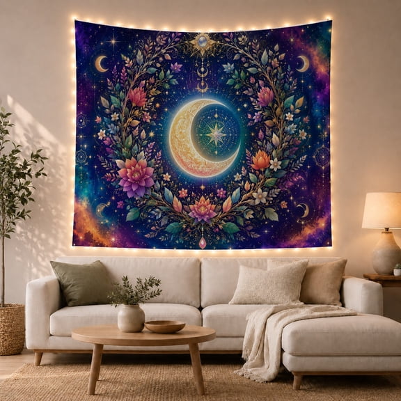Golden Crescent Moon and Floral Wreath on Cosmic Galaxy, Mystical Illustration for Nature Lovers, Celestial Art Decor, Housewarming Gift, Tapestry Wall Hanging for Bedroom and Living Room