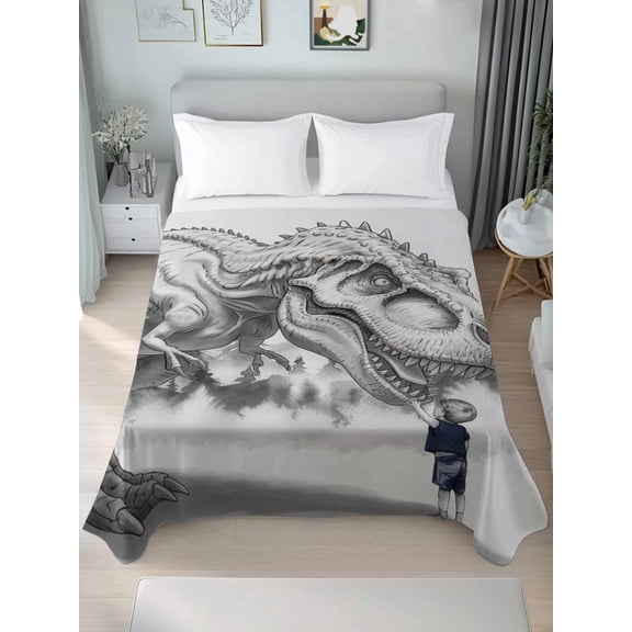 Dinosaurs Boy Queen Size Flat Sheet, Wrinkleproof & Fadeproof Cooling Flat Bed Sheet Only, Gray Funny Cartoon Forest Animals Breathable Soft Bedding Top Sheets 90 x 102 Inches