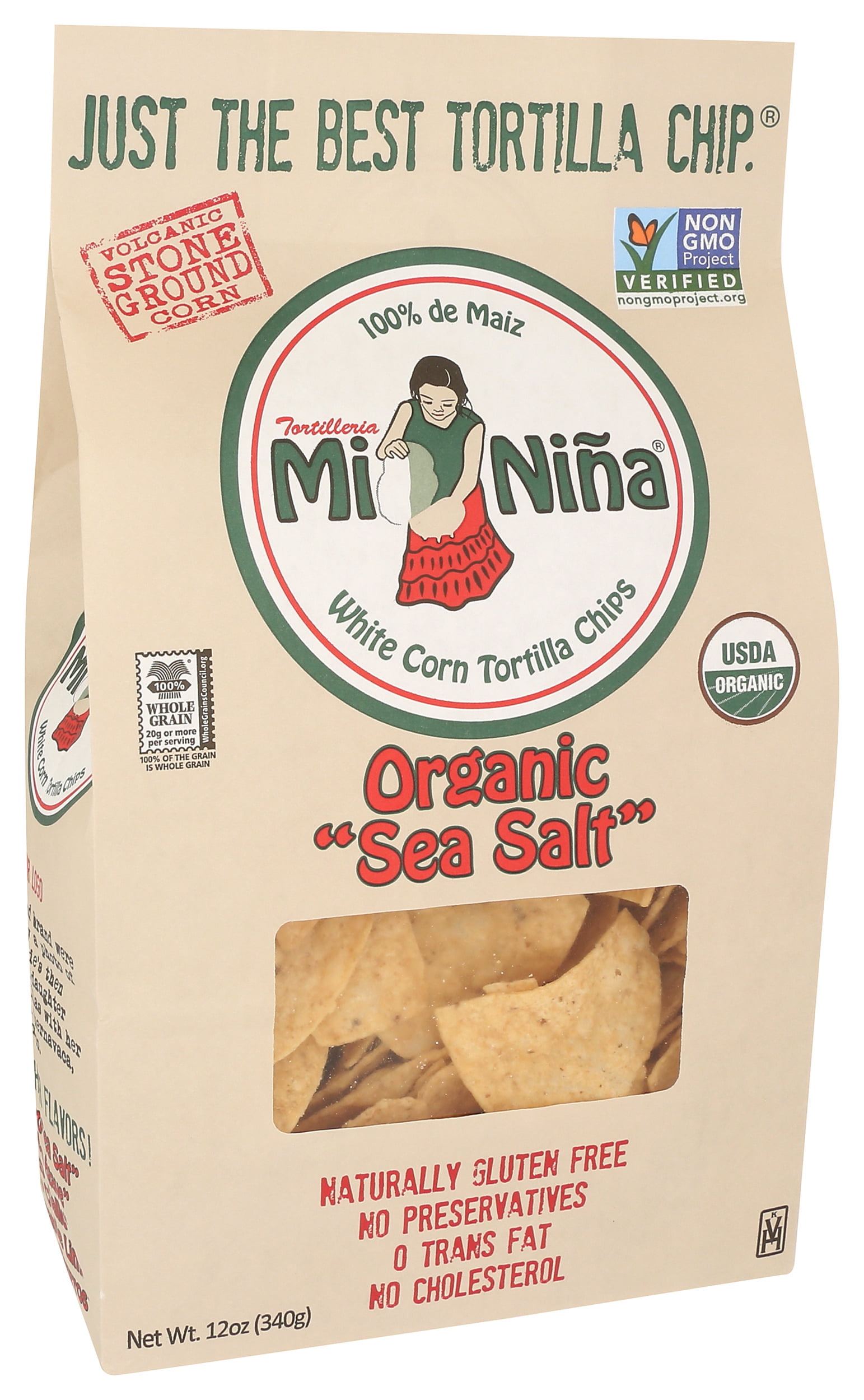 Pack of 9, Mi Nina Organic Sea Salt White Corn Tortilla Chips, 12 oz