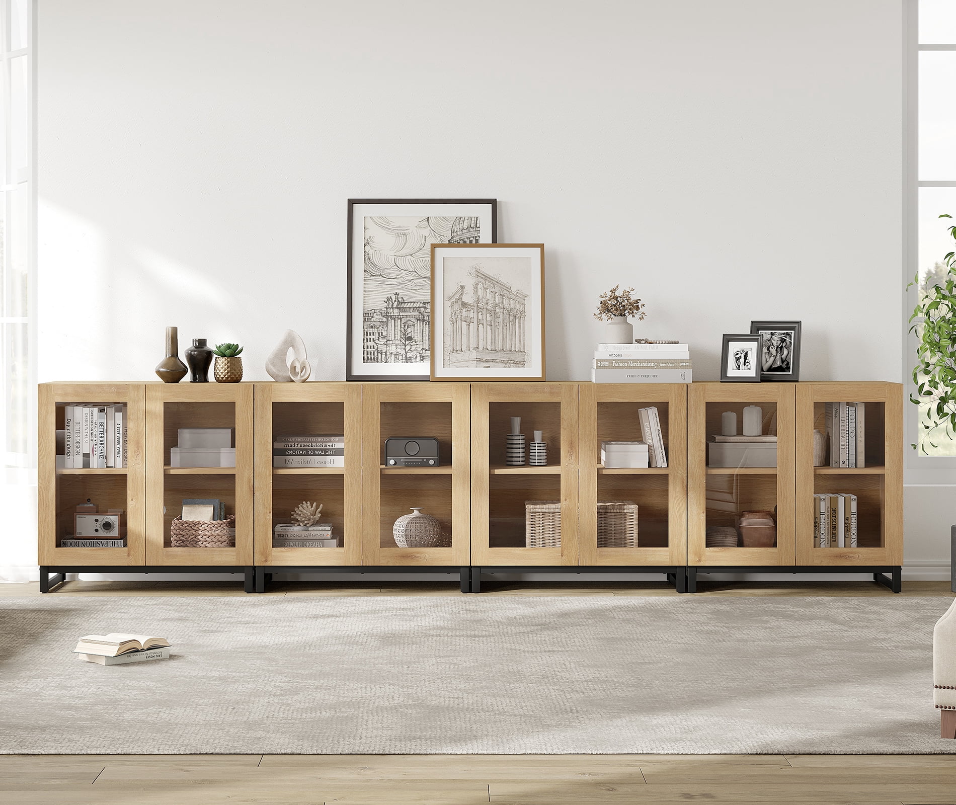 WAMPAT 4 in 1 Multifunctional Sideboard Buffet Cabinets with 8 Glass Doors, Modern Sideboard Credenza with Adjustable Shelf, Coffee Bar Storage Cabinet for Living Room, Kitchen, Oak