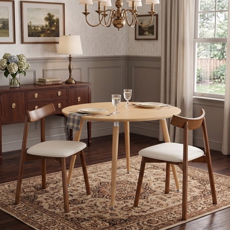 Dining Set with Round Extendable MDF Table and 2 Solid Wood Chairs Walnut Finish with Black Metal Legs and White PU Cushions Modern Minimalist Kitchen Table Set for 2 Persons