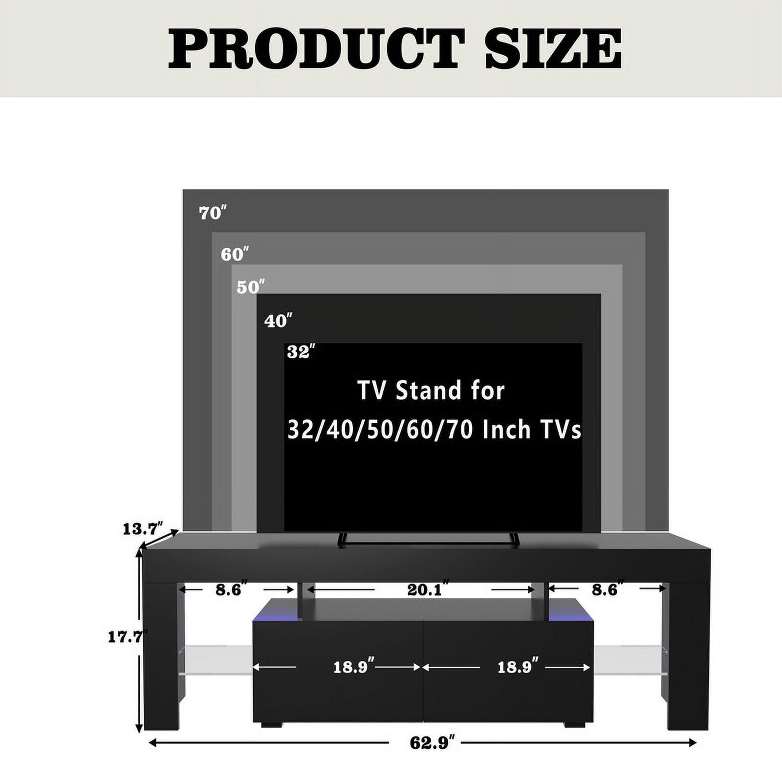 Homall 63'' TV Stand for TVs up to 70'', TV Stand with Remote LED Lights, Black Modern Entertainment Center with Soft-Close Drawers & Adjustable Shelves for Living Room, Black