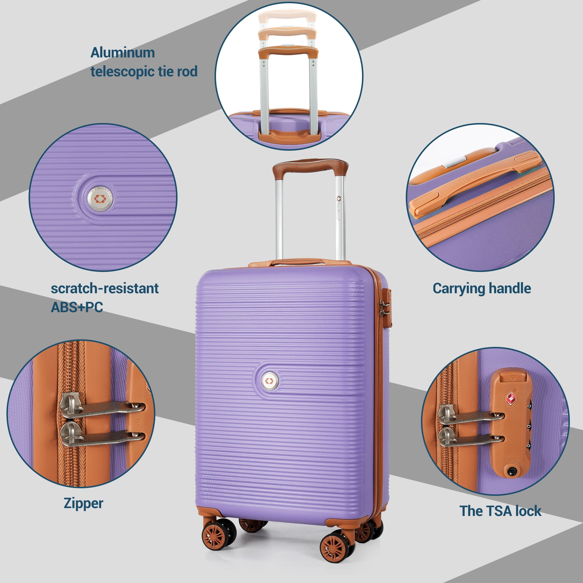 Travelhouse 3-Piece Hardside Spinner Carry on Luggage Set with TSA Lock and Travel Bag, Purple