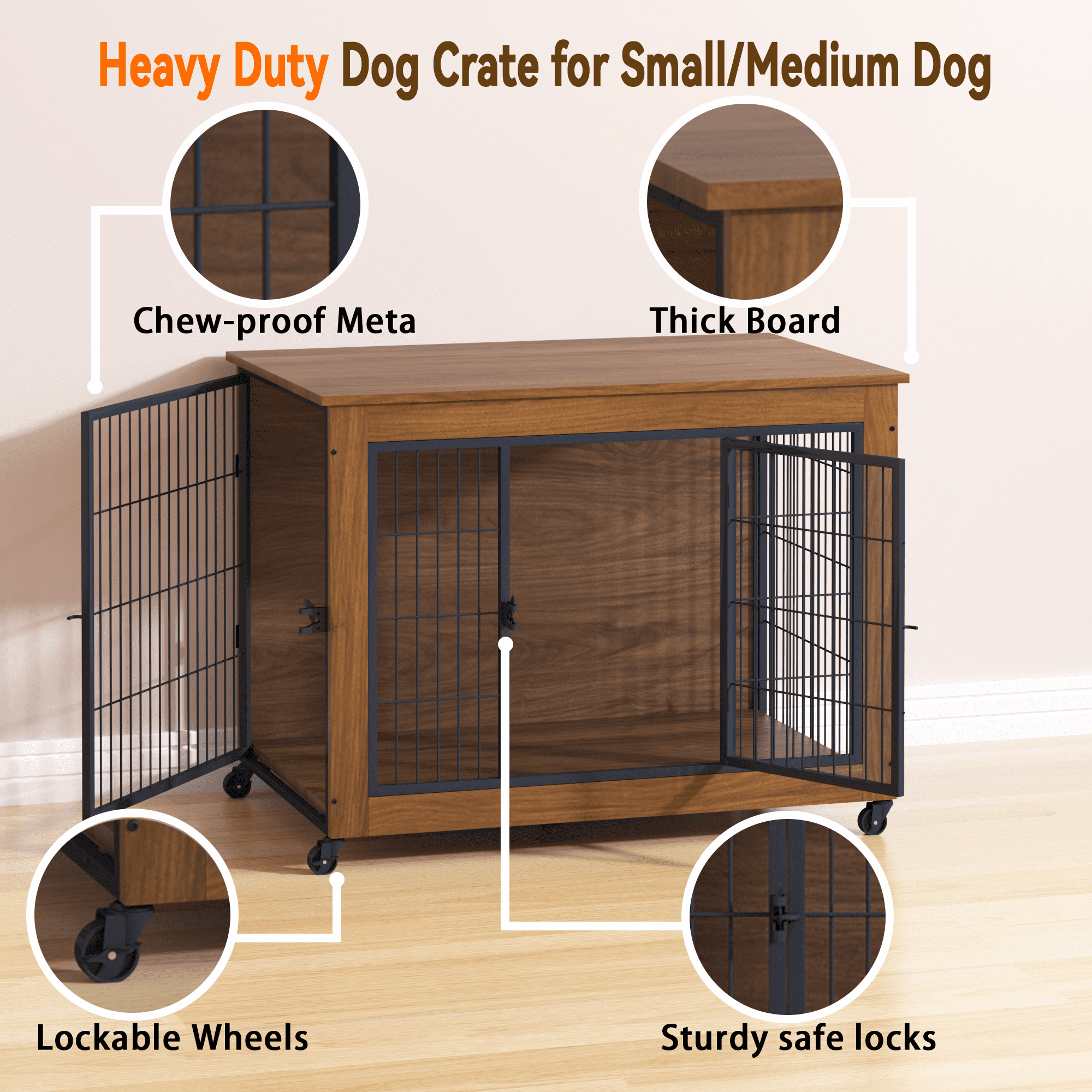 Dog Crate Furniture with Wheels, Wooden Indoor Pet Kennel End Table, Heavy Duty Double Door Metal Dog Cage with Brake Casters, Ventilated Safe Crate for Small & Anxious Dogs