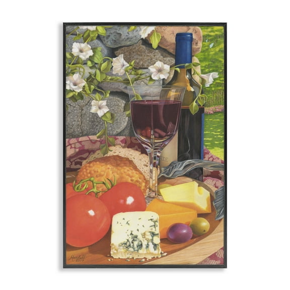 Stupell Industries Wine & Cheese Plate Food & Beverage Painting Black Framed Art Print Wall Art, 12 x 18