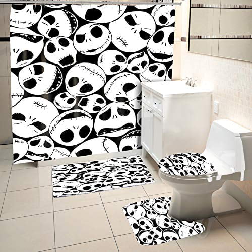 MOUMOUHOME The Nightmare Before Christmas Bathroom 4 Pieces 3D Print White Skull Toilet Lid Cover Bath Mat Contour Mat Shower Curtain Sets Purple for Boys Girls 
