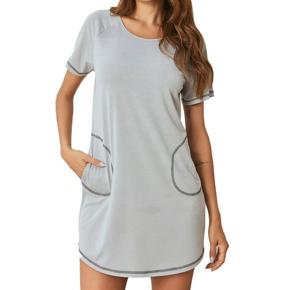 Women's Nightgown Short Sleeve Nightshirt Round Neck Sleep Dress Loose Soft Loungewear Casual Sleepwear with Pockets