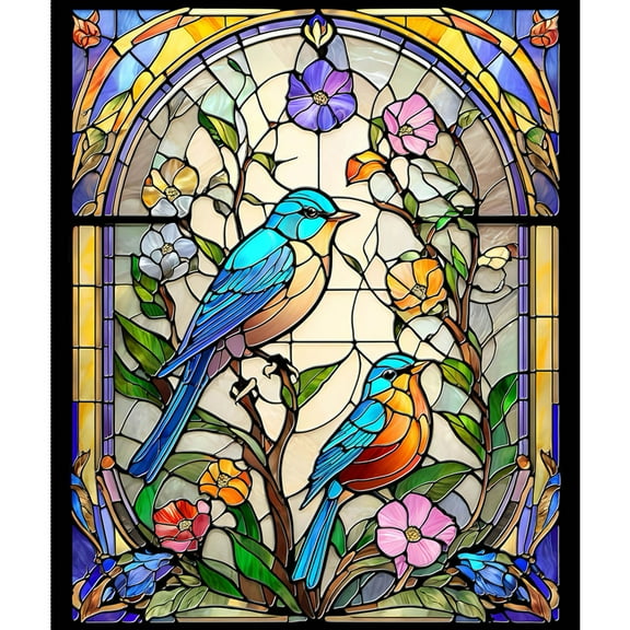 36" X 44" Panel Sunlit Birds Stained Glass Windows Art Flowers Leaves Leaf Quilting Treasures Multicolor Cotton Fabric Panel (2600-30792-X)