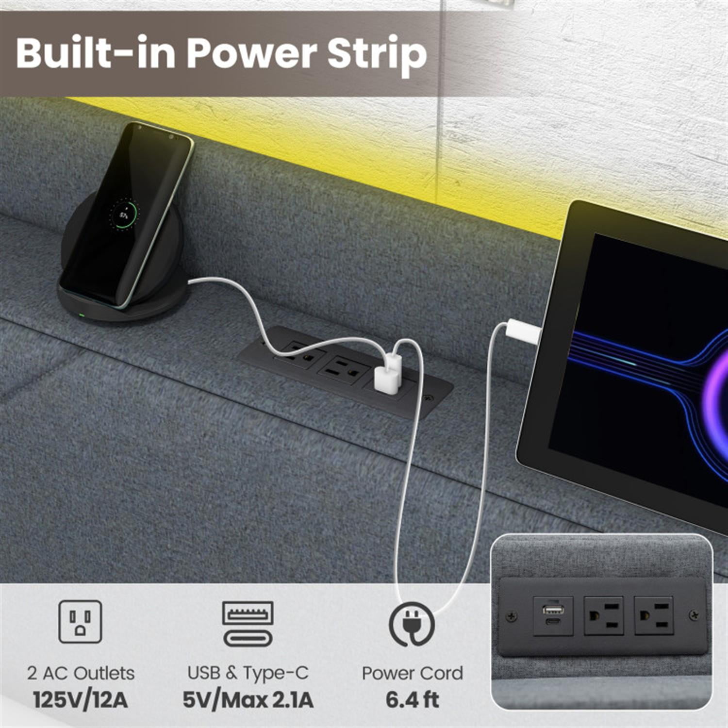 Demi Bonn Queen Size Bed Frame with LED Lights and Charging Station, Platform Bed Frame with 4 Storage Drawers, Noise-Free/No Box Spring Needed, Gray