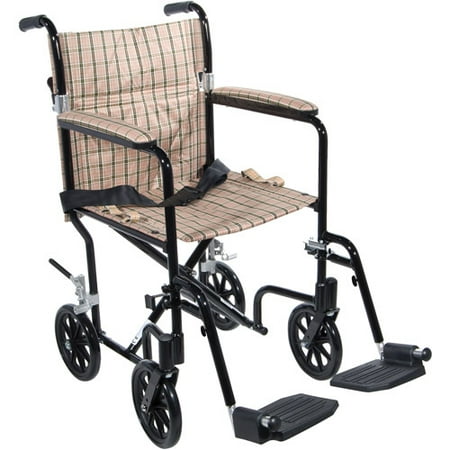 Drive Medical Flyweight Lightweight Folding Transport Wheelchair, 19", Black Frame, Tan Plaid Upholstery